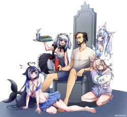 :d absurdres ahoge animal_ear_fluff animal_ears animal_slippers apron arm_support arm_tattoo artist_name asmon-chan asmongold barefoot bath_water_(meme) beard belt_collar bikini bikini_under_clothes black_hair black_skirt blue_collar blue_shorts blue_skirt body_markings breasts cetacean_tail chest_tattoo cleavage cleavage_cutout closed_eyes clothing_cutout collar collarbone commentary cosmic_brownies cup disposable_cup elbow_gloves english_commentary facial_hair facial_tattoo fins fish_tail full_body gloves groin_tendon hair_ornament hand_up harem harem_girls headphones heart heart_ahoge heart_hair_ornament highres holding holding_tray indie_virtual_youtuber kirsche_verstahl kkairaaa kneeling large_breasts leg_tattoo long_hair looking_at_another looking_at_viewer lucy_pyre maid_headdress meme moustache multicolored_hair navel open_mouth orca_girl pajamas phase_connect pink_hair pink_pajamas pipkin_pippa pipkin_pippa_(1st_costume) purple_eyes rabbit_ears rabbit_girl rabbit_hair_ornament rabbit_ornament real_life red_eyes see-through see-through_shirt shirt shorts shylily shylily_(1st_costume) simple_background sitting skirt slippers smile streaked_hair swimsuit tail tattoo thighs throne toes tray twintails twitter_username virtual_youtuber whale_girl white_background white_gloves white_hair white_shirt