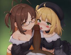 1boy 2girls ai_generated black_clothing blonde_hair brown_hair choker dark-skinned_male dark_skin flushed glasses green_background inislein interracial large_penis simple_background socks_agency sweat tongue_out virtual_youtuber vtuber