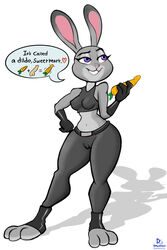 anthro cameltoe carrot clothed clothing dialogue dildo disney drunkengeneral english_text female food fur gloves grey_fur hand_on_hip hi_res judy_hopps lagomorph mammal medium_breasts penis purple_eyes pussy rabbit rubber sex_toy shiny text zootopia