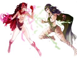 10s 2girls animification boots breasts brown_eyes brown_hair cape green_eyes green_hair helmet leotard long_hair lorna_dane magic marvel medium_breasts mikazuki_shigure multiple_girls nipples pantyhose polaris_(x-men) red_leotard scarlet_witch siblings sisters spandex torn_clothes torn_legwear wanda_maximoff x-men