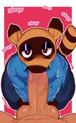 5:8 animal_crossing anthro balls big_penis brown_body brown_fur canid canine clothing dress_shirt duo english_text erection fellatio first_person_view fur gay genitals heart-shaped_pupils heart_eyes heart_symbol hi_res huge_cock human male male/male male_only mammal nintendo oral penile penis purplecoffin1 raccoon_dog sex shirt slightly_chubby tanuki text tom_nook topwear vein veiny_penis