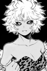 1girls bare_shoulders big_breasts black_background black_sclera boku_no_hero_academia cleavage female female_focus female_only fur_trim hair_between_eyes hero_outfit_(mha) horikoshi_kouhei horn horns jacket_off_shoulders jacket_removed leopard_print looking_at_viewer mina_ashido monochrome my_hero_academia off_shoulder official_art open_mouth seductive seductive_gaze seductive_pose short_hair sleeveless_dress slight_smile spiked_hair teen teen_girl teenage_girl teenager teeth upper_body white_outline young young_female