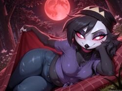 ai_generated anthro avian beanie bedding belly belly_overhang bikini bird blanket blue_bottomwear blue_clothing blush bottomwear breast_squish breasts choker clothed clothing collar demon denim denim_clothing fat_rolls feathers female flower forest hair hat headgear headwear hellaverse helluva_boss hi_res inviting_under_covers jeans jewelry looking_at_viewer lying lying_on_side moon navel necklace nipple_outline octavia_(helluva_boss) owl pants pillow plaid plant pupils purple_clothing purple_shirt purple_topwear red_moon red_sclera red_sky sagging_breasts seductive shirt sky slightly_chubby solo squish swimwear thick_thighs topwear tree white_pupils wide_hips