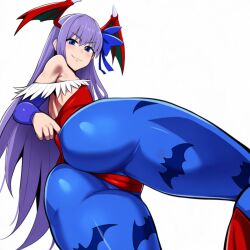 ai_generated ass ass_focus big_ass blue_eyes blue_legwear blue_pantyhose blue_ribbon cameltoe cosplay darkstalkers fate/extra fate/extra_ccc fate/grand_order fate_(series) flat_chest lilith_aensland_(cosplay) lips long_hair looking_at_viewer looking_down meltlilith meltryllis meltryllis_(fate) pantyhose posing pulling_clothing purple_hair pussy_visible_through_clothes pussy_visible_through_leotard red_leotard smug teasing teasing_viewer thick_thighs