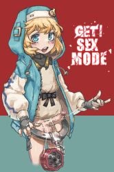 1boy androgyne_symbol blonde_hair blouse blue_eyes bottomless bridget cowboy_shot erection fingerless_gloves gloves guilty_gear guilty_gear_strive hood hooded_jacket jacket kinshi76 male_focus otoko_no_ko oversized_object penis red_background shirt single_handcuff solo string uncensored