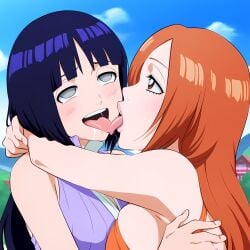 ai_generated bleach french_kissing hyuuga_hinata inoue_orihime kissing naruto powerhouserift tongue_kiss tongue_touching_another's_tongue tongues_touching yuri