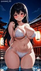 ai_generated big_breasts bikini black_hair female hips night original_character red_eyes stable_diffusion thick_thighs xceed