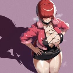 1girls ai_generated big_breasts black_skirt blush blushing_at_viewer boob_window breasts clothed female grabbing_hips hands_on_hips hips huge_breasts jacket king_of_fighters light-skinned_female light_skin long_hair natural_breasts pale-skinned_female pale_skin ponytail red_hair shermie_(kof) skirt smile smiling_at_viewer steam steaming_breath sweatdrop sweaty thick thick_legs thick_thighs thigh_gap thighs tied_hair voluptuous voluptuous_female wet wet_body wide_hips