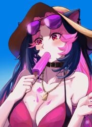 1girls 2d 2d_(artwork) animal_ears big_breasts bikini bikini_top blue_hair cleavage day eating female female_focus female_only front_view hat high_resolution highres holding_popsicle latam_virtual_youtuber light-skinned_female light_skin long_hair mole mole_on_breast mole_under_eye outdoors pink_bikini pink_bikini_top pink_eyes pink_hair pink_nails popsicle shura_hiwa sky slim_girl solo solo_female solo_focus standing summer summer_hat sunglasses sunglasses_on_head two_tone_hair virtual_youtuber vjin vtuber vtuberfanart young younger_female