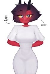 amadeen big_breasts black_eyes black_hair clothed clothing color demon demon_girl demon_horns english_text female female_focus female_only helluva_boss hi_res imp large_breasts looking_at_viewer millie_(helluva_boss) red_body red_skin short_hair solo solo_female tagme text thick_thighs