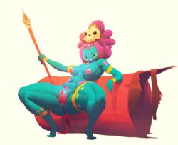 2016 anthro areola black_eyes breasts clitoris crouching female fur green_skin hair hi_res humanoid long_hair markings melee_weapon musikalgenius nipples nude pink_fur pink_hair pink_skin plump_labia polearm pubes pussy pussy_juice simple_background skull smile solo spear spots spread_legs spreading tribal weapon white_background yellow_skin
