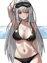 1girls abstract_background bare_shoulders big_breasts bikini black_bikini black_mask breasts cleavage collarbone eye_mask female female frima_(nikke) goddess_of_victory:_nikke grey_hair long_hair navel sky sleeping_mask solo swimsuit white_hair yak11 yellow_eyes