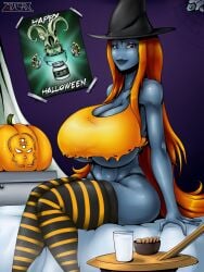 blue_body blue_skin english_text halloween halloween_costume milk mixsan orange_hair poster romman08 tau text warhammer_(franchise) warhammer_40k witch_hat