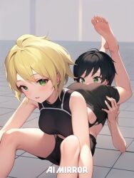 1boy 1girls 69_position ai_generated ass ass_on_face ass_sniffing black_hair blonde_hair blush brown_eyes clothing facesitting female green_eyes