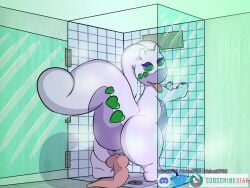 4:3 anthro anus bathing claws digital_media_(artwork) eyeliner finger_claws floor generation_6_pokemon genitals glass_surface goodra green_eyes heart_symbol hi_res horn makeup male nintendo penis pokemon pokemon_(species) purple_body purple_eyeliner raised_tail shower shower_head showering solo steam tail tile tile_floor tile_wall toe_claws tongue tongue_out velvet706 velvet_the_gooey_dragon wall_(structure) water