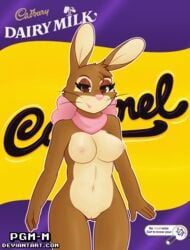 alternate_breast_size anthro bedroom_eyes breasts brown_eyes brown_fur cadbury cadbury_bunny english_text erect_nipples female fur furry furry_only half-closed_eyes lagomorph mammal mascot nipples nude parody pgm-m pose pussy rabbit ribbons seductive smile solo standing text