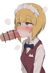 ame_(amechan17391739) bartender blonde_hair blowjob blush bob_cut bow_tie breath_cloud censored_penis cutlass_(girls_und_panzer) fellatio girls_und_panzer petite short_hair small_breasts sweat vest