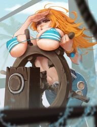 1girls bare_arms bare_shoulders big_breasts bikini bra cleavage cleavage_overflow clothed clothing color female female_focus female_only hi_res jeans large_breasts light-skinned_female light_skin long_hair looking_at_viewer massive_breasts nami nami_(one_piece) nipples_visible_through_clothing one_piece onikaiii orange_eyes orange_hair post-timeskip sailing sailing_ship shounen_jump solo solo_female striped_bikini tagme thick_thighs underboob