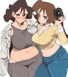 2girls asymmetrical_docking bangs big_breasts blush blush_lines breasts brown_hair brown_hair_female brunette_hair camera cleavage collared_shirt confused confused_look crayon_shin-chan crop_top dark_brown_hair duo eyebrows_visible_through_hair female fluffy_hair hanging_breasts holding_camera holding_object housewife huge_breasts human jeans large_breasts leggings light_skin light_skinned_female long_sleeves low_waisted_pants married_woman mature mature_female midriff milf misae_nohara mom_jeans mother musae_koyama pale-skinned_female pale_skin plump plump_breasts pointy_chin short_hair siblings sisters size_difference smile sweat sweatdrop thick_thighs unbuttoned unbuttoned_shirt upper_body voluptuous white_background whoopsatro wide_hips