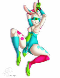 anthro areola breasts female half-closed_eyes hands_above_head lagomorph mammal muffin_angel nipples pussy pussy_juice rabbit simple_background smile solo spread_legs spreading white_background