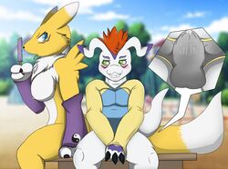 1boy 1girls anthro anthrofied armwear ball_bulge bench blush breasts briefs canine close-up clothing covering covering_crotch covering_self cutaway digimon erection female food fox front_view gomamon hiding_erection male mammal marine mostly_nude naughty_face ogling outside penis_bulge pinniped popsicle renamon seal side_view sitting smile tenting underwear wellek wet_spot