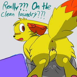 anus blush caught clothing coffeefly cum embarrassed english_text female fennekin feral furry looking_back masturbation nintendo no_humans nude pokemon pokemon_(species) pussy pussy_juice solo text video_games