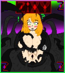 alisha alisha_ahsila blush confused_face dripping_tentacles holding_tentacle legs_apart legs_spread looking_at_tentacle mechanical_arm robotic_arm shocked_face tentacle tentacle_around_body tentacle_between_breasts wet_tentacles zixy