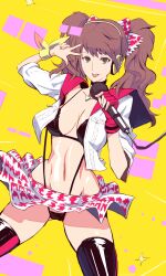 \m/ ass_visible_through_thighs bikini black_bikini boots breasts brown_eyes brown_hair cameltoe choker cropped_jacket dancing female fingerless_gloves gloves headphones highleg highleg_bikini highleg_swimsuit highres hip_dips idol jewelry kujikawa_rise latex long_hair microphone mikazuki_shigure miniskirt narrow_waist navel pendant persona persona_4 persona_4:_dancing_all_night persona_dancing sideboob single_glove skirt solo strap_gap swimsuit thigh_boots thighhighs twintails v_over_eye wristband