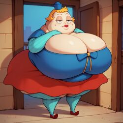 1girls ai_generated anthro big_breasts blonde_hair breasts breasts_bigger_than_head cleavage clothing female female_only fish hat huge_breasts large_breasts lipstick massive_breasts matronai_(artist) mrs._puff nickelodeon open_door pufferfish shoes solo solo_female spongebob_squarepants thick_thighs wide_hips