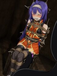 1girls ahoge bare_thighs belt blush bondage boots bound bound_arms bound_legs bound_to_chair bound_wrists breasts captured chair cleave_gag closed_eyes crying dress dungeon female female_focus femsub femuto fingerless_gloves fire_emblem fire_emblem:_path_of_radiance fire_emblem:_radiant_dawn gag gloves headband improvised_gag indoors knot_gag long_hair medium_breasts mia_(fire_emblem) nintendo purple_hair rape remote_control remote_control_vibrator restrained rope rope_bondage sex_toy sitting sleeveless solo_focus sweater thighhighs thighs trembling vaginal_penetration very_long_hair vibrator