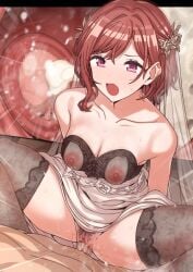 1boy :o black_thighhighs bra breasts brown_hair censored cleavage clothed_female_nude_male collarbone cowgirl_position cross_section cum cum_in_pussy ejaculation erere female female_pubic_hair higuchi_madoka idolmaster idolmaster_shiny_colors internal_cumshot medium_breasts mole mole_under_eye mosaic_censoring nipples nude penis pubic_hair red_eyes see-through see-through_bra sex spread_legs straddling sweat thighhighs underwear vaginal_penetration veil