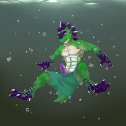 aggrobadger bulge clothing dragon erection eyewear goggles lizard male male_only monster reptile scalie solo swimsuit torn_clothes transformation underwater water webbed_feet