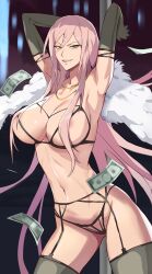 arms_up breasts elbow_gloves female gloves highres mikazuki_shigure money pink_hair solo