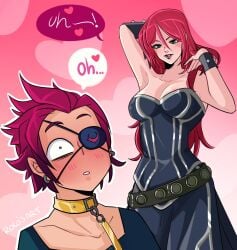 big_breasts blush breasts clothing female female_focus goth goth_girl heartsteel_kayn heartsteel_series kayn league_of_legends male male/female pentakill_series pentakill_sona pink_nipples rolo's_art sona_buvelle text