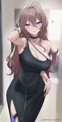 1girls ? ahoge armpit artist_name bangs bangs_between_eyes barbell_piercing big_breasts black_choker black_dress blush blush_lines blushing breasts brown_hair brunette_hair chain_jewelry chest_strap choker cleavage dress ear_piercing ear_ring earrings english english_text expulse eyebrows_visible_through_hair eyes_visible_through_hair female garter_belt gold_fingernails gold_nail_polish gold_nails hair_between_eyes hair_intakes hair_over_shoulder hand_in_hair human light_skin light_skinned_female long_hair looking_at_viewer mole mole_on_arm necklace nipple_barbell nipple_bulge nipples_visible_through_clothing original original_character parted_lips patreon_username purple_eyes ring rings side_slit side_slit_dress sidelocks solo teeth text thigh_strap tight_clothing tight_dress upper_body