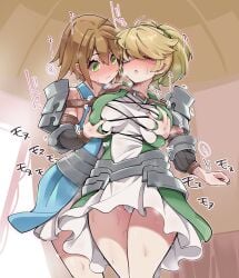 2girls aqua_eyes armor blonde_hair blue_dress blush breasts brown_hair celeste_(unicorn_overlord) closed_mouth cross-laced_clothes dress faulds fran_(unicorn_overlord) grabbing grabbing_another's_breast grabbing_from_behind green_dress green_eyes groping hair_over_one_eye hatoboshi high_ponytail highres large_breasts long_sleeves looking_at_another multiple_girls panties pauldrons short_hair shoulder_armor sweat underwear unicorn_overlord white_panties yuri