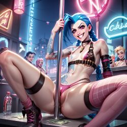 ai_generated blue_hair boots dripping dripping_pussy high_heels jinx_(league_of_legends) league_of_legends macorony neon_lights nightclub pink_eyes pink_g-string pink_thighhighs pole riot_games smile string_panties strip_club stripper stripper_pole tattoo wet_pussy