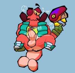 1male brawl_stars clancy_(brawl_stars) crab crustacean embarrassedrnhalf-dressed holding_object holding_weapon huffing male_only mustache normal_penis old_man penis somehornydud3 spread_legs spreading tail throbbing_penis