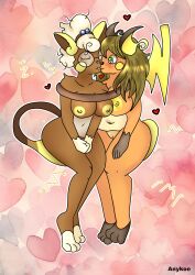 accessory alolan_form alolan_raichu anthro anykoe breasts closed_eyes coiling duo eyewear fan_character female female/female floating_hearts generation_1_pokemon generation_7_pokemon genitals glasses hair heart_background heart_eyes heart_symbol hi_res kissing looking_at_another messy_hair nintendo pokemon pokemon_(species) pussy raichu regional_form_(pokemon) signature simple_background sitting_on_tail