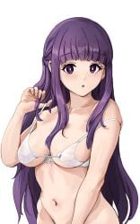 1girls absurd_res absurdres areolae bare_arms bare_belly bare_chest bare_hips bare_midriff bare_navel bare_shoulders bare_skin bare_torso belly belly_button blunt_bangs blush blush blush_lines blushing_at_viewer blushing_female bra bra_pull breasts cleavage collarbone dot_nose elbows exposed exposed_arms exposed_belly exposed_midriff exposed_shoulders exposed_torso eyebrows_visible_through_hair female female_focus female_only fern_(sousou_no_frieren) fingernails fingers front-tie_top half_naked hamidasu hand_on_hair hand_on_own_hair high_resolution highres lace_bra lace_underwear laced_bra laced_underwear light-skinned_female light_skin long_hair looking_at_viewer medium_breasts naked naked_female navel nude nude_female open_mouth parted_lips purple_eyebrows purple_eyes purple_eyes_female purple_hair purple_hair_female shoulders sideboob simple_background slender_body slender_waist slim_girl slim_waist solo sousou_no_frieren standing stroking_hair thin_waist tongue underboob underwear upper_body v-line white_background white_bra white_pupils white_underwear