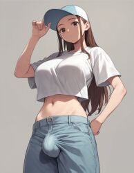 1futa ai_generated baseball_cap brown_eyes brown_hair brunette brunette_futa bulge clothed clothed_futanari covered_breasts covered_penis crop_top from_below futa_only futanari jeans large_breasted_futa large_breasts long_hair looking_at_viewer navel pants realistic_breast_size realistic_penis_size solo supergetthi t-shirt