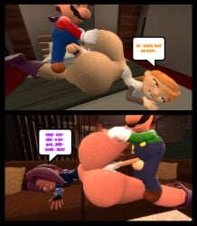 3d 3d_(artwork) bottomless desti_(smg4) dialogue garry's_mod gmod human_meggy kaibernation luigi mario mario_(series) meggy_spletzer smg4 speech_bubble spread_legs sweat text