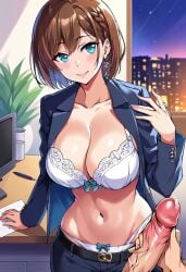 ai-chan_(tawawa) ai_generated blue_eyes bra braid brown_hair gastkeser82 getsuyoubi_no_tawawa masturbation office office_lady open_clothes panties penis penis_grab precum smile white_bra white_panties