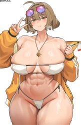 1girls abs anis_(nikke) anis_(sparkling_summer)_(nikke) bikini breasts brown_eyes brown_hair cleavage cromwellb eyepatch_bikini female goddess_of_victory:_nikke hi_res hips huge_breasts light-skinned_female light_skin short_hair simple_background thick_thighs thighs wide_hips