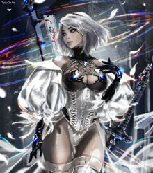 1girls blue_eyes breast breasts cleavage curvaceous curvaceous_body curves curvy curvy_body curvy_female curvy_figure exposed_breast exposed_breasts female female_only hourglass_figure inner_sideboob light-skinned_female light_skin nier nier:_automata sideboob solo solo_female tattiart voluptuous voluptuous_female white_hair woman yorha_2b