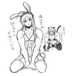 2boys :3 abuto ahoge alternate_costume ambush_(trap) amputee bishonen bunny_boy bunny_ears catboy crossdressing dcriccodddd full_body garter_straps gay gintama hair_down japanese_text kamui_(gintama) lingerie long_hair long_hair_male looking_at_viewer male male_only monochrome muscular muscular_male negligee nosebleed smile solo_focus stockings twunk yaoi