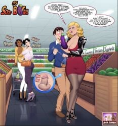1boy 3girls boner_in_pants comic comparing comparing_penis english_text grocery_store public public_humiliation qos_comix small_penis small_penis_humiliation voloh