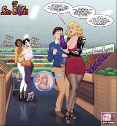 1boy 3girls boner_in_pants comic comparing comparing_penis english_text female grocery_store multiple_girls public public_humiliation qos_comix small_penis small_penis_humiliation voloh