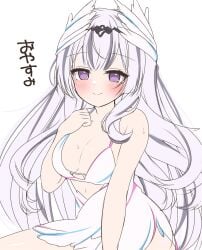 1girls alternate_costume asage_(asgsn) bikini black_hair blush breasts cleavage female female female_only fire_emblem fire_emblem_engage hand_on_own_chest highres long_hair medium_breasts multicolored_hair nintendo purple_eyes smile streaked_hair swimsuit translation_request veyle_(fire_emblem) white_bikini white_hair white_swimsuit wing_hat_ornament