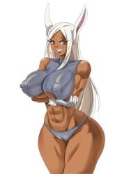 1girls abs areola_bulge big_breasts bra breasts bunny_ears female hunson1 large_breasts mirko miruko mostly_nude muscular my_hero_academia nipple_bulge panties red_eyes rumi_usagiyama solo solo_female tan-skinned_female tan_skin thick_thighs thighs white_hair